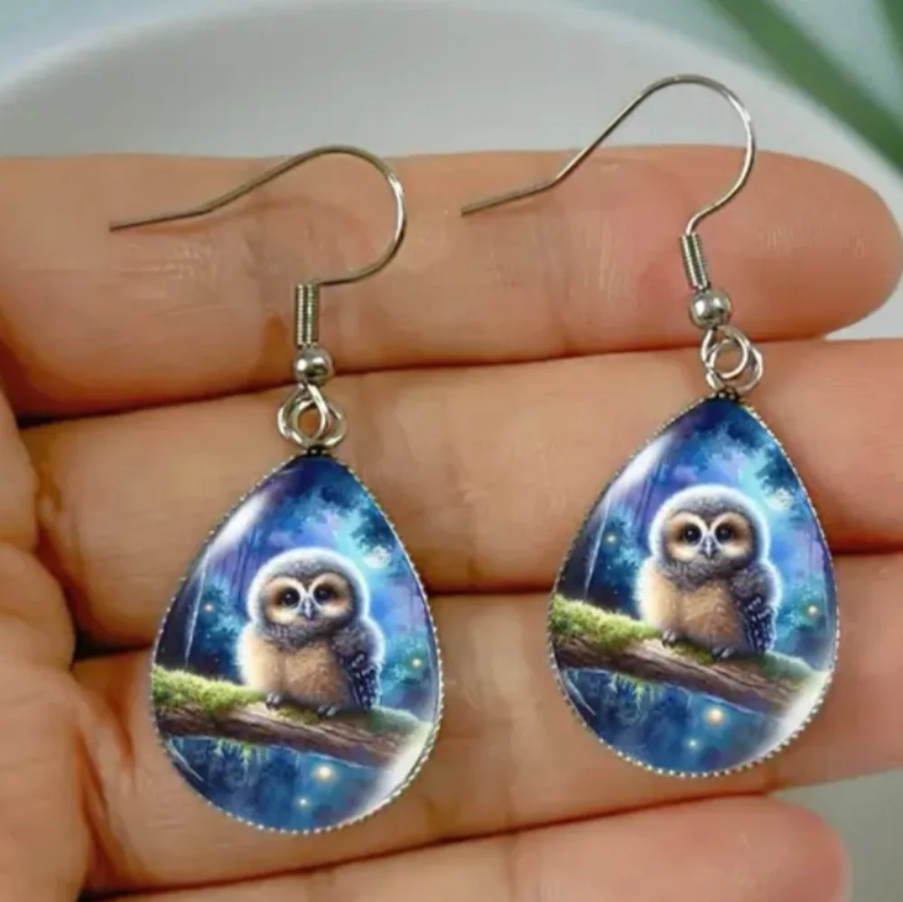 New Gift Western Animal Print Blue Owl Teardrop‎ Crystal Glass Dangle Earrings
